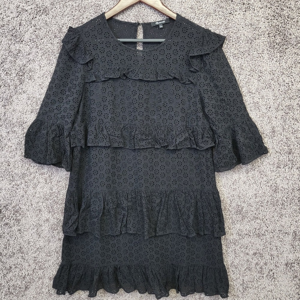 Madewell Tiered Eyelet Dress Womens 4 Black Excellent H2969 Ruffle Short Sleeve
